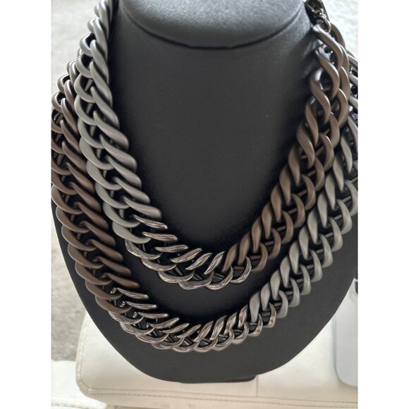 Lafayette Italy Chunky Multilayer Chain Necklace Metallic Silver & Brown Tones - Picture 6 of 15